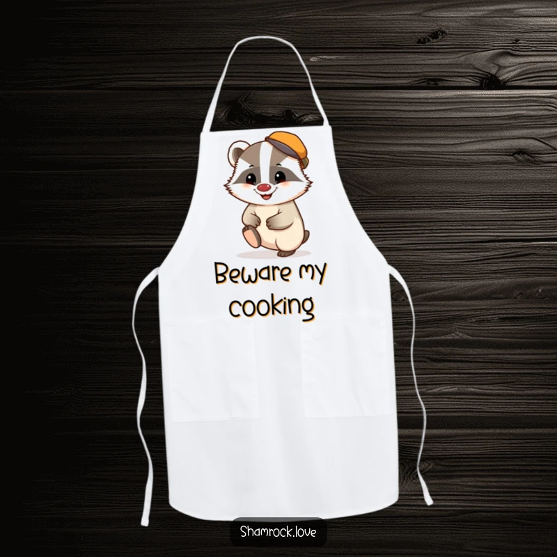 Funny apron showcasing a chubby badger in a tiny cap, tapping its foot with a mischievous grin.