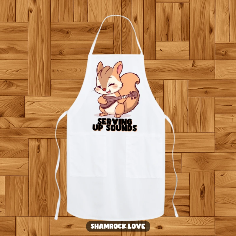 Funny apron with a mischievous squirrel winking and playing a tiny fiddle, perfect for protecting clothes during cooking with a humorous touch.