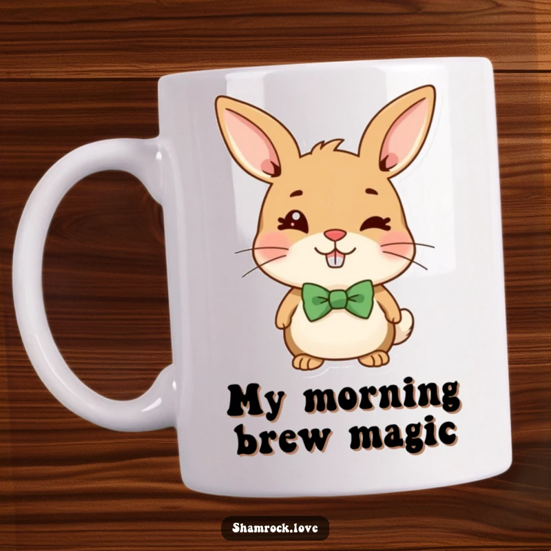 Funny mug with a cheerful brown bunny in a green bow tie, playfully winking with a mischievous grin.