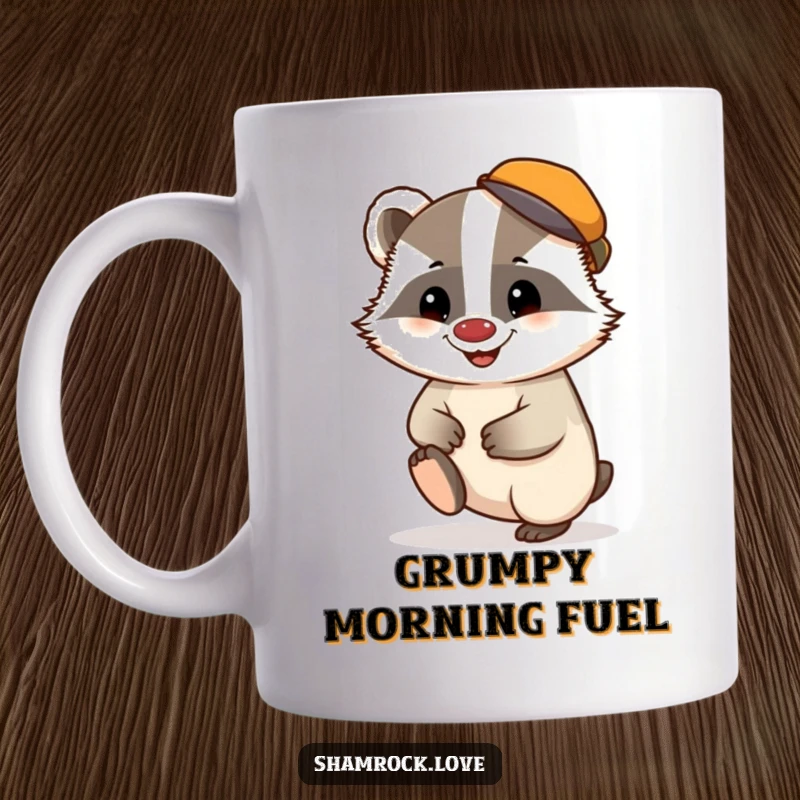 Funny mug featuring a chubby badger in a tiny cap, tapping its foot with a mischievous grin.