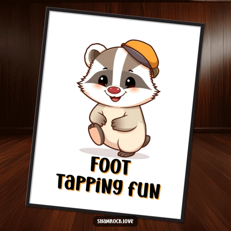 Funny digital art print of a chubby badger in a tiny cap, tapping its foot with a mischievous grin.