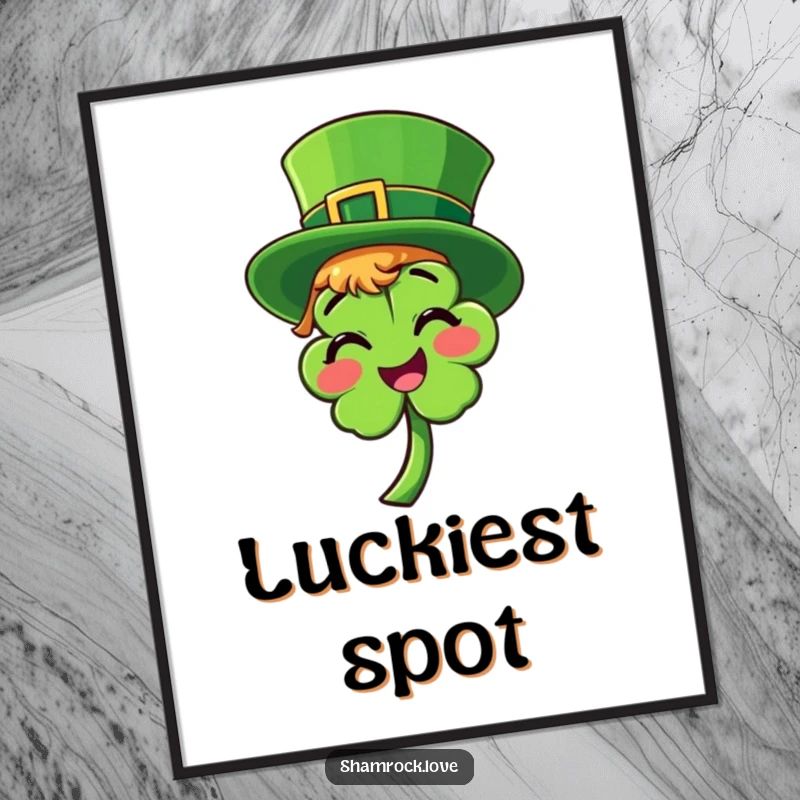 Funny digital art print with a bright green leprechaun hat tilted on a smiling shamrock, whimsical and full of luck.