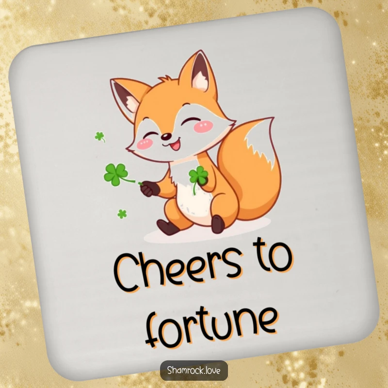 Funny drink coaster with a playful fox gleefully juggling three green shamrocks, adding charm and luck to table settings.