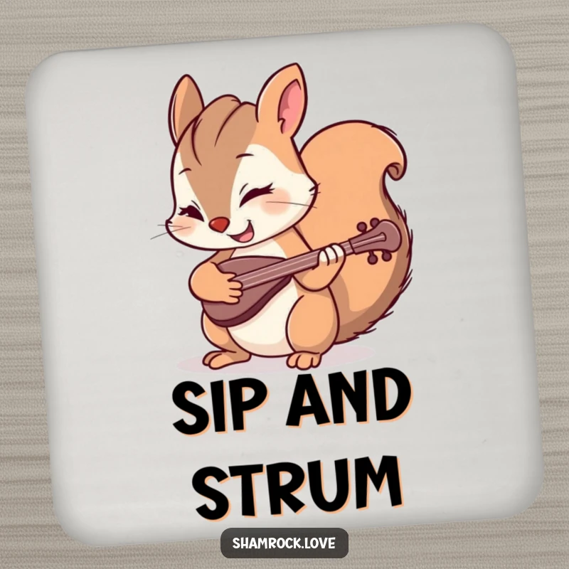 Funny drink coaster with a mischievous squirrel winking while playing a tiny fiddle, adding artistic flair and humor to table settings.