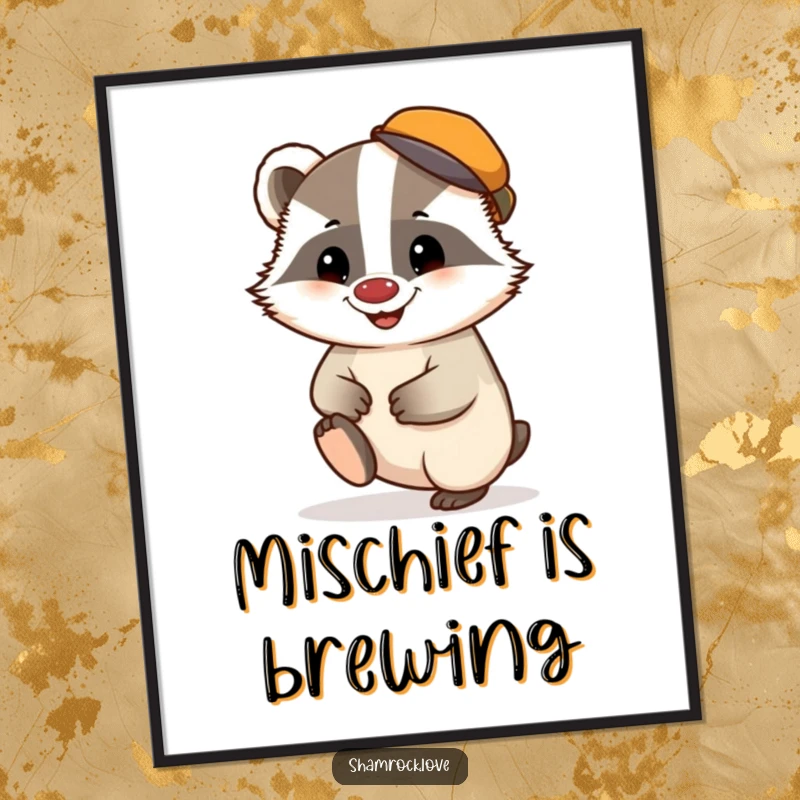 Funny poster print of a chubby badger in a tiny cap, tapping its foot with a mischievous grin.