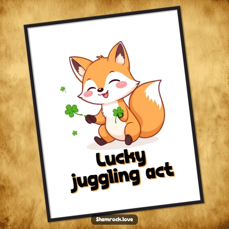 Funny poster of a playful fox joyfully juggling three green shamrocks, creating a vibrant and lucky visual display.