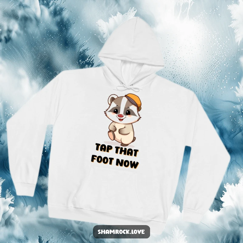 Funny hoodie with a chubby badger sporting a tiny cap and tapping its foot with a mischievous grin.