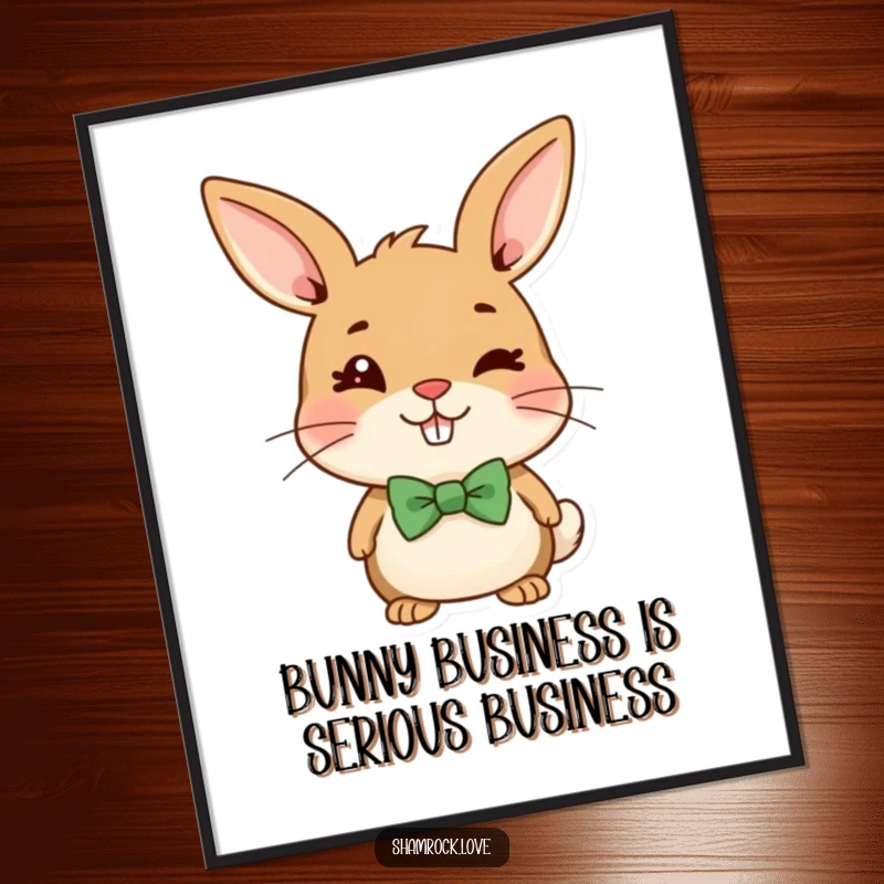 Funny Free Printable Wall Art: A cheerful brown bunny wearing a green bow tie winks with playful mischief.
