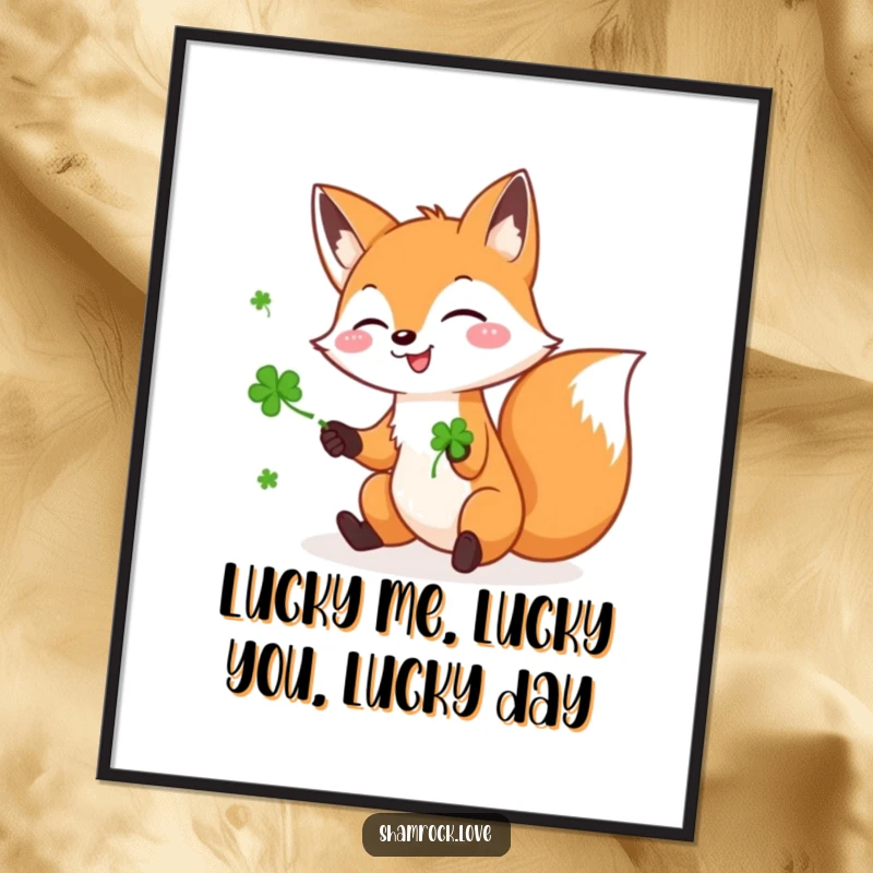 Funny Free Printable Wall Art: A playful fox joyfully juggling three bright green shamrocks.