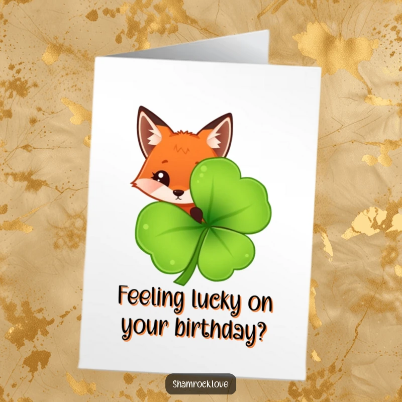 Funny Free Printable Birthday Card: A curious red fox peeks from behind a large, dewy shamrock leaf.