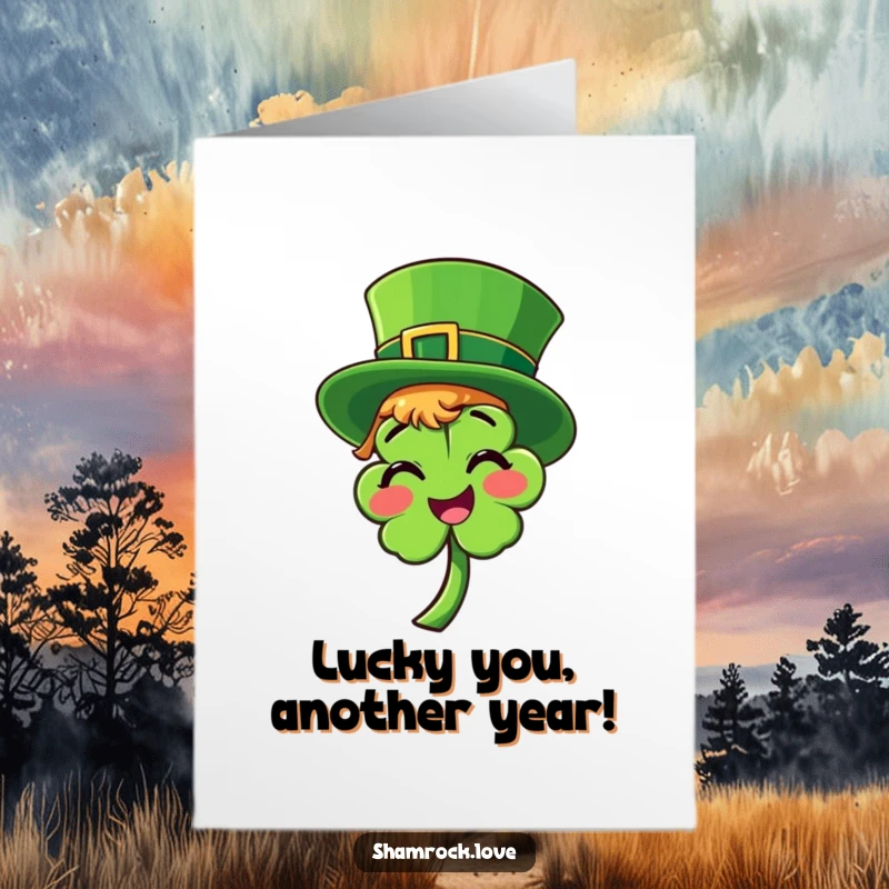 Funny Free Printable Birthday Card: Smiling shamrock wearing a bright green leprechaun hat tilted playfully on its head.
