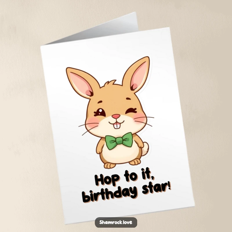 Funny Free Printable Birthday Card: A cheerful brown bunny in a green bow tie winks mischievously.