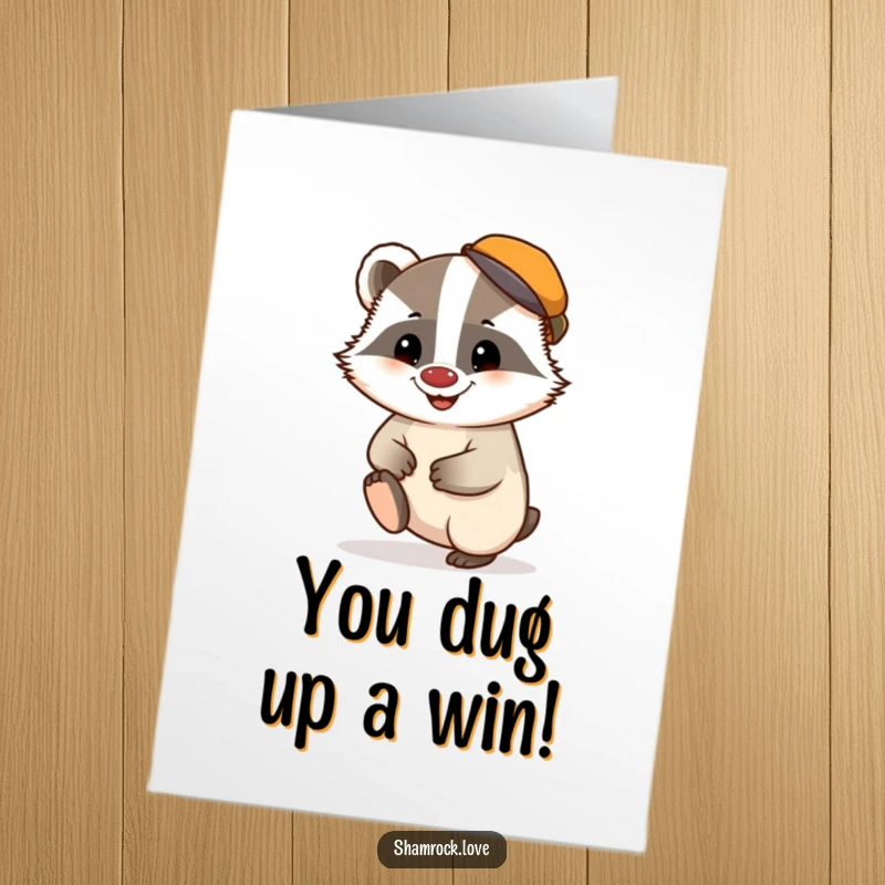 Funny Free Printable Congratulations Card: A chubby badger wearing a tiny cap taps its foot with a mischievous grin.