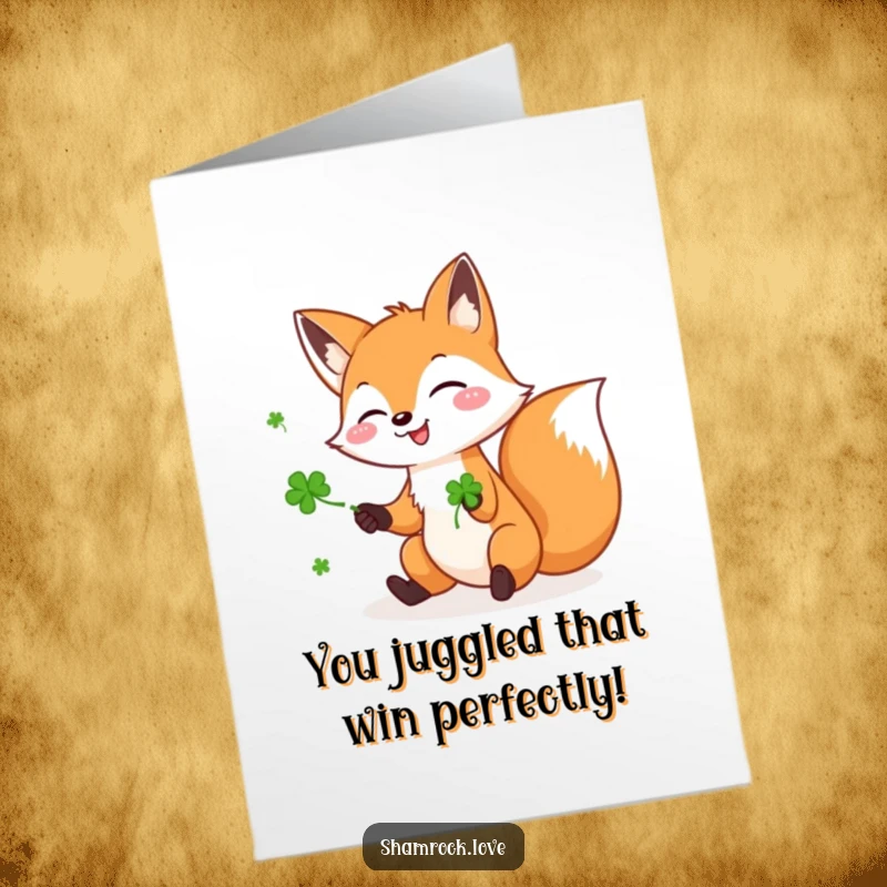 Funny Free Printable Congratulations Card: A playful fox balances three green shamrocks with glee.