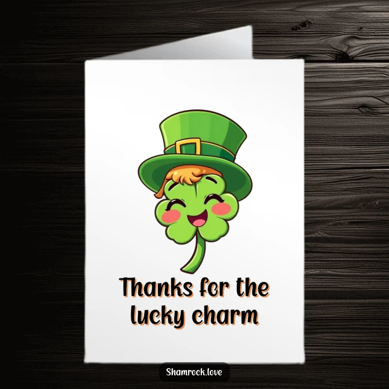 Funny Free Printable Thank You Card: Smiling shamrock wearing a bright green leprechaun hat tilted playfully, symbolizing thanks.