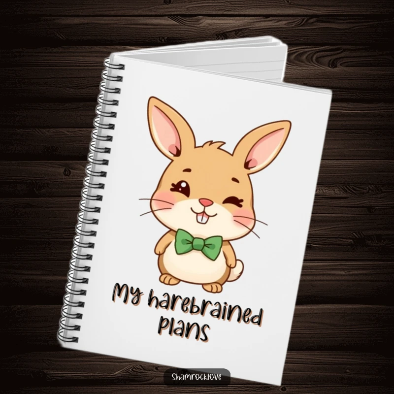 Funny notebook cover featuring a cheerful brown bunny in a green bow tie, winking mischievously.