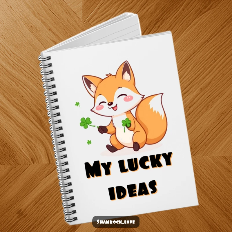 Funny notebook with a playful fox juggling three green shamrocks, perfect for notes and ideas with a touch of luck.