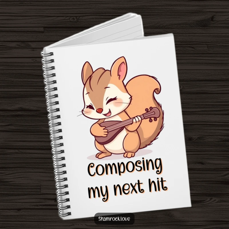Funny notebook with a mischievous squirrel winking and playing a tiny fiddle, perfect for notes and sketches with a humorous theme.