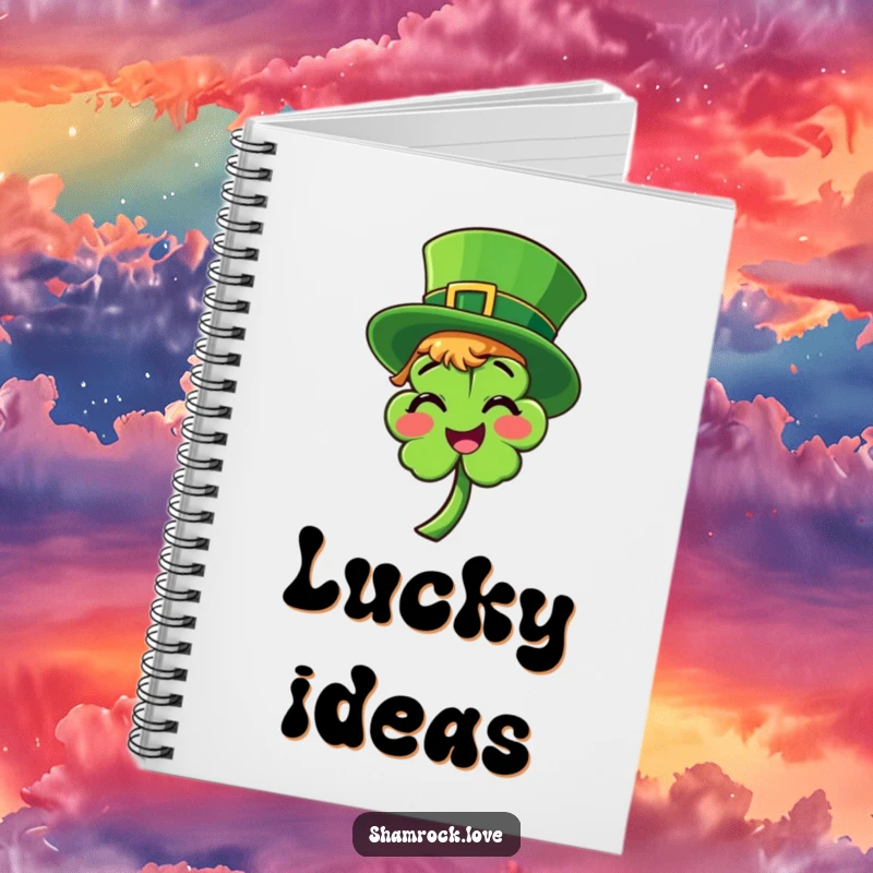 Funny notebook with a bright green leprechaun hat tilted on a smiling shamrock, perfect for jotting down lucky ideas.