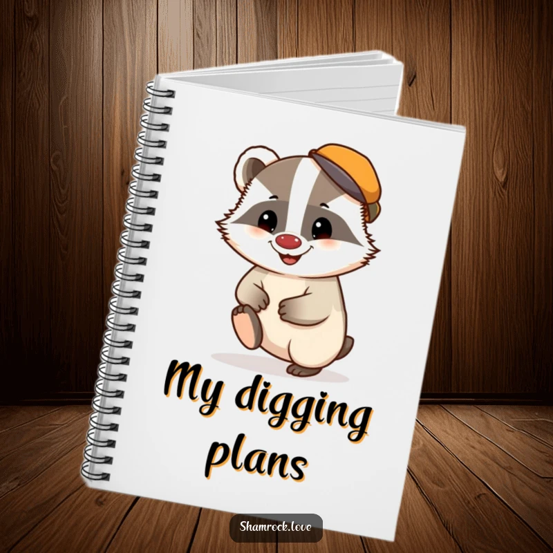 Funny notebook cover featuring a chubby badger in a tiny cap, tapping its foot with a mischievous grin.