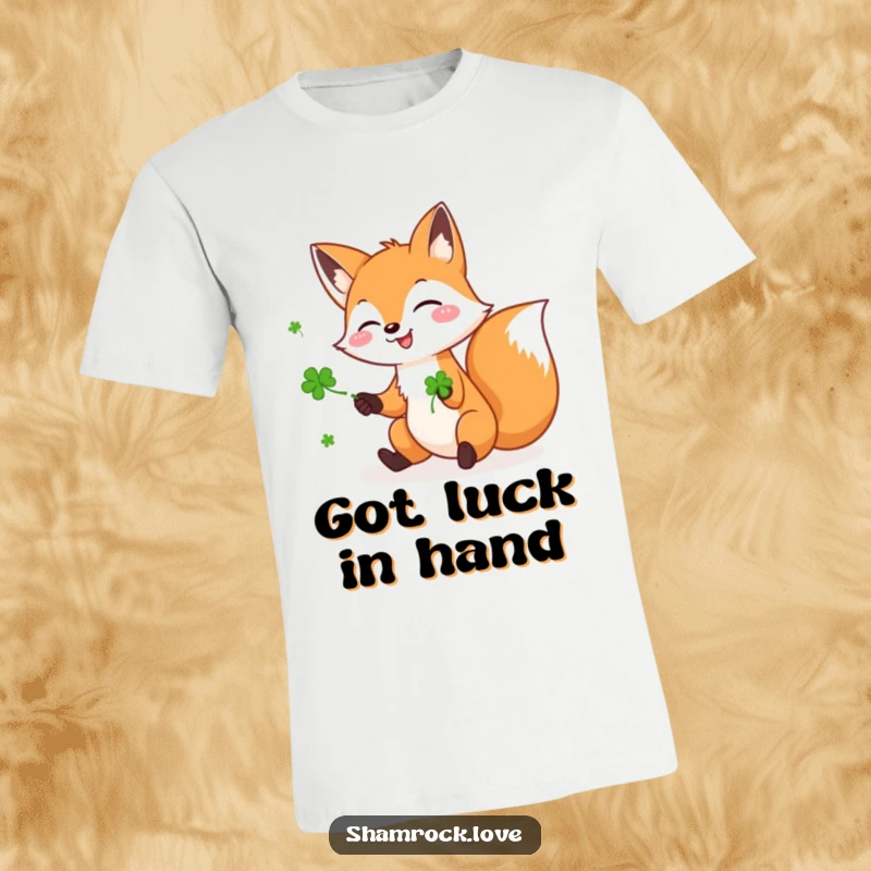 Funny t-shirt depicting a playful fox gleefully juggling three green shamrocks, showcasing skill and cheerful luck.