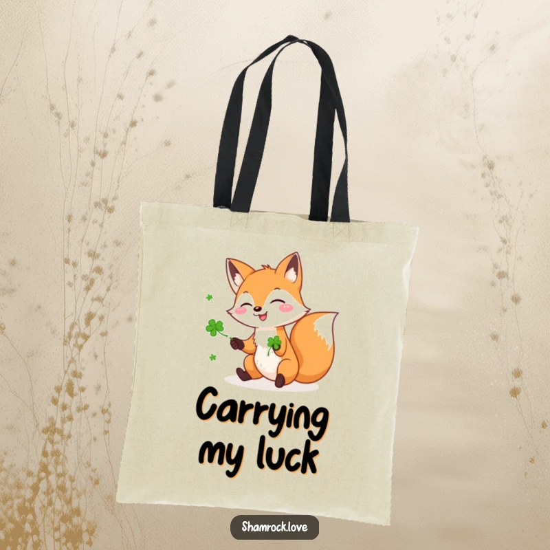 Funny tote bag with a playful fox gleefully juggling three green shamrocks, designed for carrying items with luck and style.