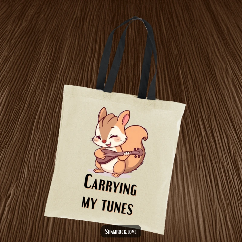 Funny tote bag depicting a mischievous squirrel winking while playing a tiny fiddle, ideal for carrying items with a stylish, humorous flair.