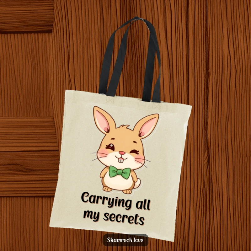 Funny tote bag featuring a cute brown bunny in a green bow tie, winking playfully and mischievously.